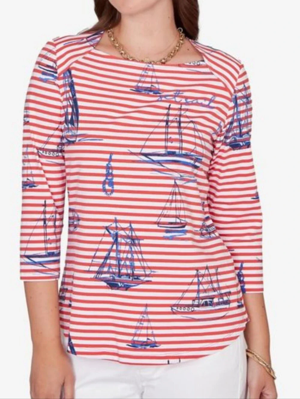 Red White Striped Nautical Top Sailing Coastal Embroidered Size L